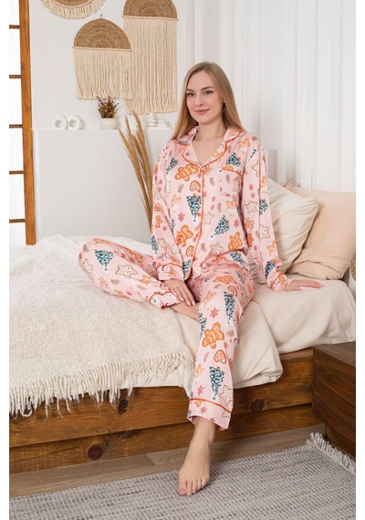 Lüks Saten Pijama Takımı Düğmeli, Cepli Ve Arabiyeli Somon