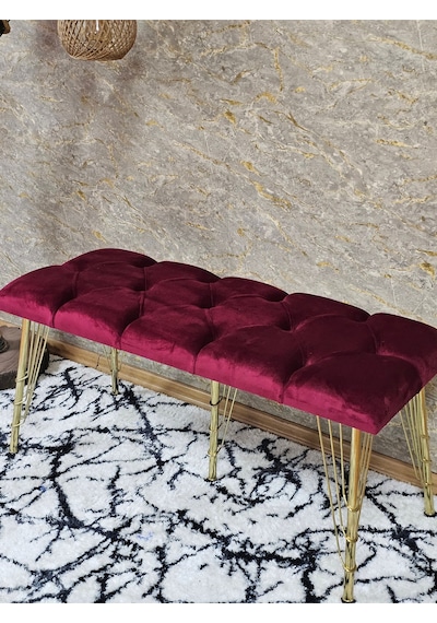 Zafir Metal Gold Tel Ayaklı 100 Cm Puf Bench - Puf - Bench - Oturak - Mutfak Oturağı - Antre Oturağı Bordo