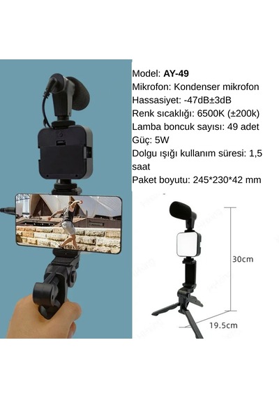 Hpytech Profesyonel Telefon Çekim Seti Tripod + Led Işık + Mikrofon Vlog, Youtube, Tiktok, Instagram Uyumlu