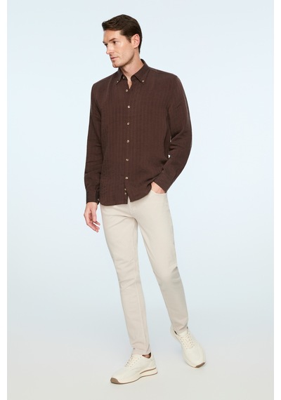 Morven Erkek Kahve Liyosel Trend Çizgili Dinamik Fit Düğmeli Yaka Gömlek 26ms004032400 Kahve