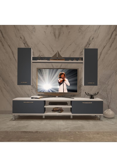 Decoraktiv Eko 5d Mdf Dvd Krom Ayaklı Tv Ünitesi Tv Sehpası Beyaz - Antrasit