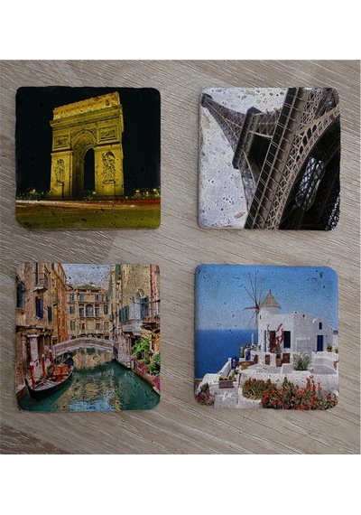 Eyfel Kulesi Santorini Venedik Ve Zafer Takı Doğal Taş Bardak Altlığı 4'lü Set - Natural Stone Coasters - Taş Çok Renkli
