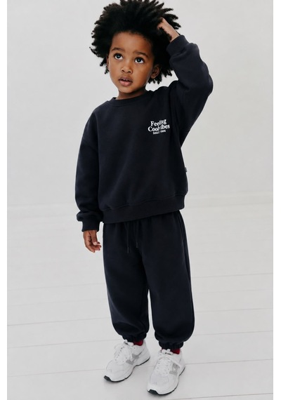 Monila Unisex Çocuk Basic Yazı Detaylı 3 İplik Kumaş Eşofman Takım Siyah