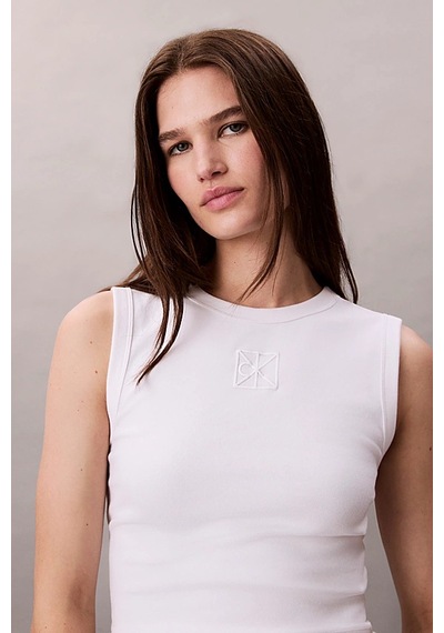 Calvin Klein Kadın Regular Kalıp Nervürlü T-shirt - Beyaz Brilliant White