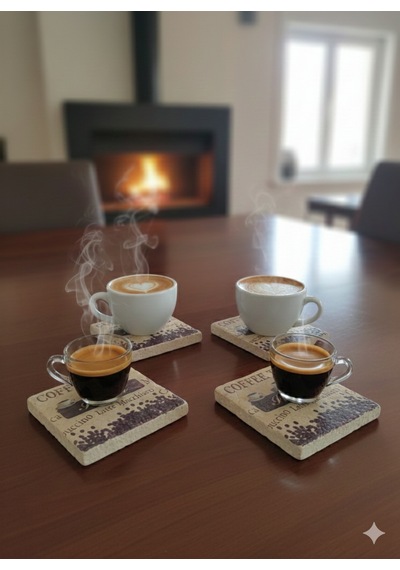 10x10 Traverten Eskitme 4 Lü Takım El Yapımı Kahve Desenli Bardak Altlığı krem