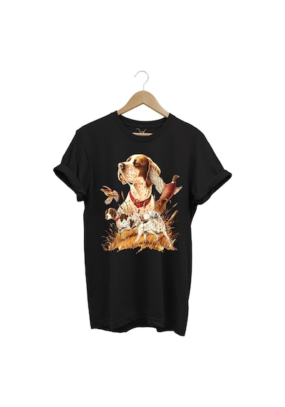 Avcılık Desenli Av Köpeği Ingiliz Pointer Setter Sülün Vahşi Yaşam Baskılı Regular Fit Siyah T-shirt Siyah
