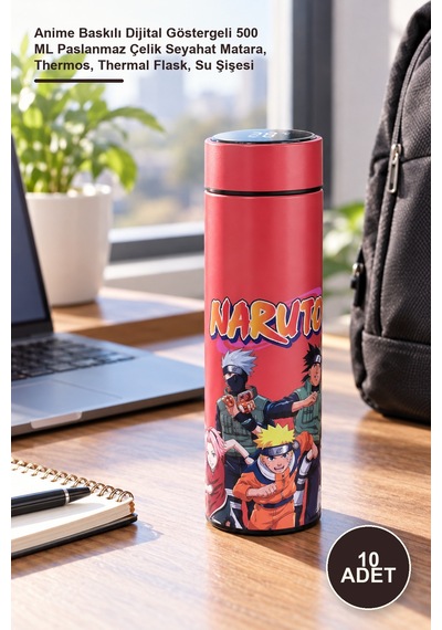 10 Adet Termos Anime Baskılı Dijital Göstergeli 500 Ml Paslanmaz Çelik Seyahat Matara, Thermos, Thermal Flask, Su Şişesi