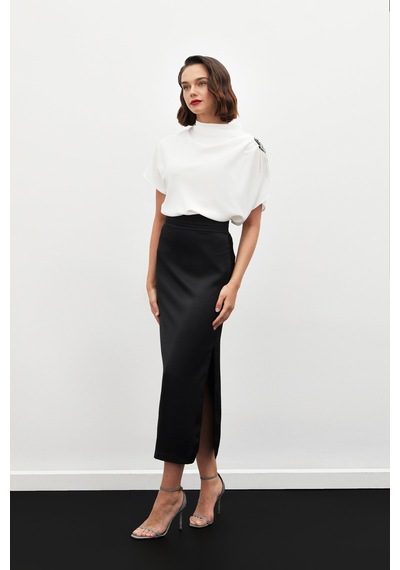 Sateen Bel Pile Detaylı Saten Etek - Siyah
