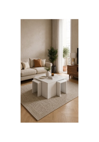 5'li Zigon Sehpa Takımı Beyaz İç İçe Geçmeli 1 Büyük + 4 Mini Modern Orta Sehpa Beyaz Beyaz