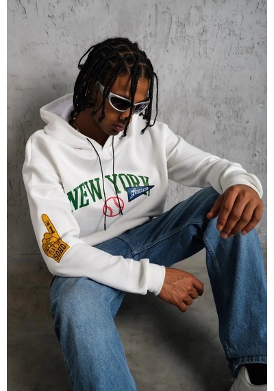 Baskılı Kapüşonlu Sweatshirt - Beyaz - Beyaz