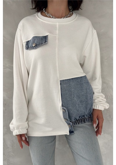 Femelle Kadın Beyaz Kot Detaylı Tasarım Sweatshirt