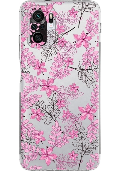 Xiaomi Redmi Note 10s Kamera Korumalı Kapak Floral Pembe Tasarımlı Şeffaf Kılıf