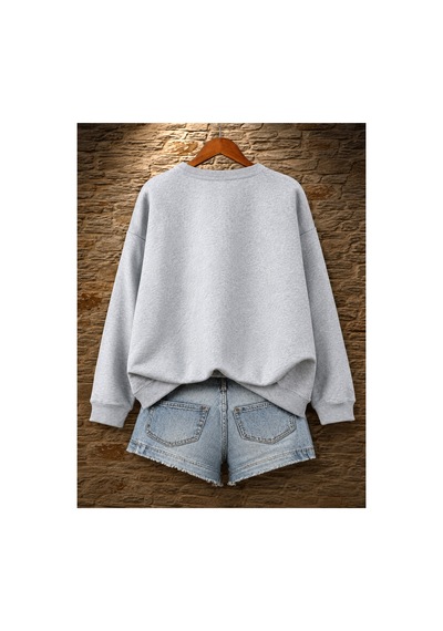 Esade Kadın Pembe Zampak Çiçek Kol Baskılı Rahat Kalıp Bisiklet Yaka Gri Sweatshirt Gri