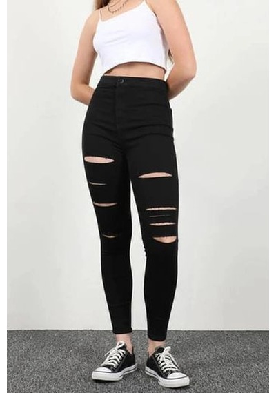 Yırtık Siyah Yüksek Bel Skinny Fit Jean Likralı Cepsiz Tayt Pantolon