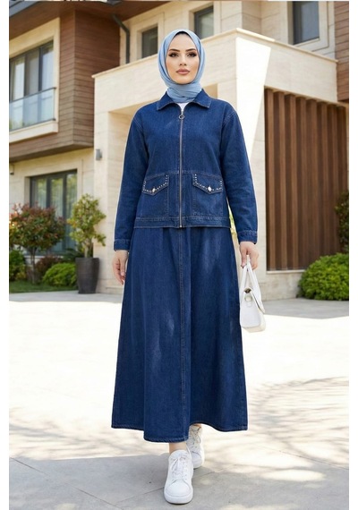Hb Harma Time Butik Kadın Taş İşlemeli Kot Lacivert Ceket Ve Beli Lastikli Kot Lacivert Etek İkili Takım Hb Harma Time Butik Kadın Taş İşlemeli Kot Lacivert Ceket Ve Beli Lastikli Kot Lacivert Etek İkili Takım