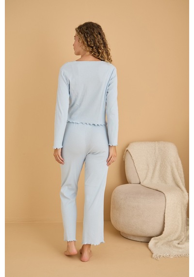 Siyah İnci Pamuklu Dantelli Fitilli Örme Pijama Takım25226005 mavi