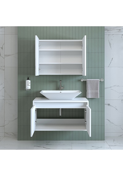 Banos Banyo Roomart Tm7.2 Mat Beyaz Mdf 85 Cm Banyo Dolabı + Ayna Mat Beyaz