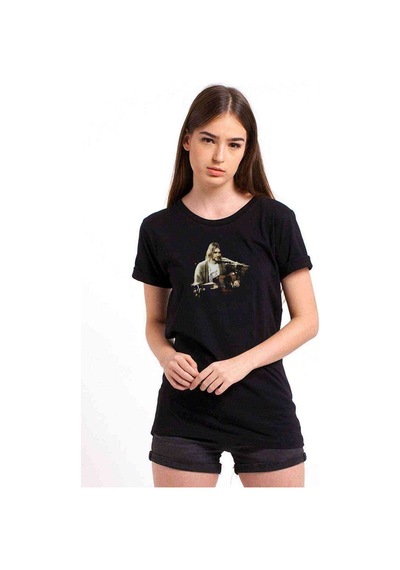 Kurt Cobain Metal Rock Music Müzik Baskılı Siyah Kadın Tshirt