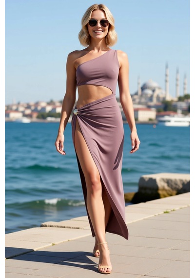 Benerly Kadın Tek Omuz Bodycon Midi Plaj Elbisesi Döküm Aksesuar Detaylı Vizon