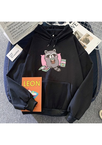 Startmore Siyah Sevimli Rakun Yeme Kabarcık Süt Çay Hoodies Rahat Kawai Siyah