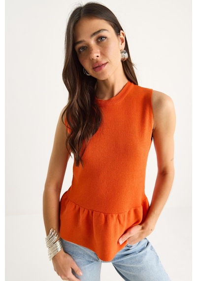 Shade Kadın Bisiklet Yaka Peplum Triko Top 20251019 - Turuncu Shade Kadın Bisiklet Yaka Peplum Triko Top 20251019 - Turuncu