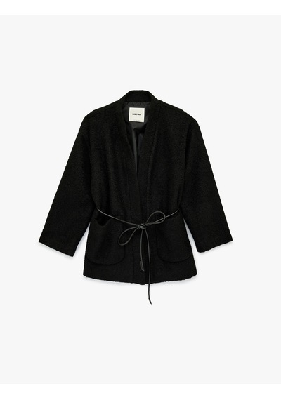 Koton Buklet Kumaş Kemerli Cepli Kruvaze Uzun Kimono Ceket Siyah 6wak00436ew