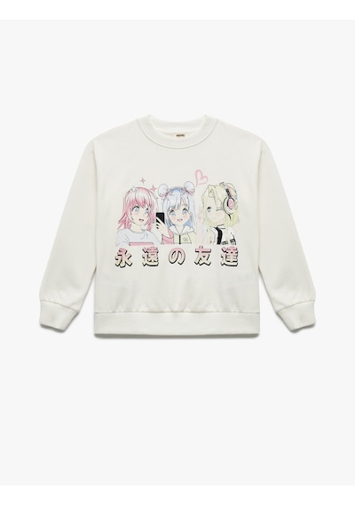 Koton Pamuklu Bisiklet Yaka Uzun Kollu Anime Baskılı Tişört Ekru 7wkg10059ak