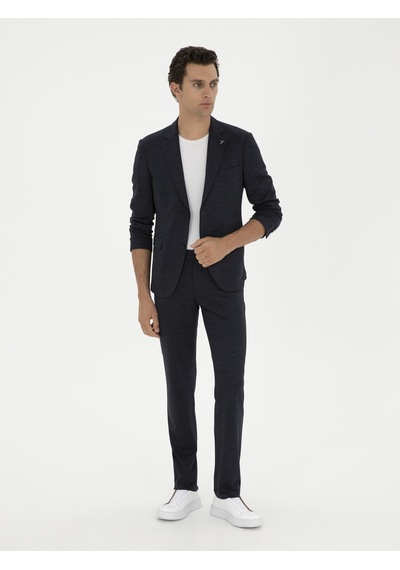 Cacharel Koyu Lacivert Slim Fit Mikro Desenli Yün Karışımlı Ceket