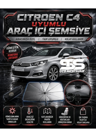 Citroen C4 Araç Ön Cam Güneşliği Katlanabilir Şemsiye Oto Güneşlik Uv Korumalı Gölgelik Araba Oto Şemsiyesi