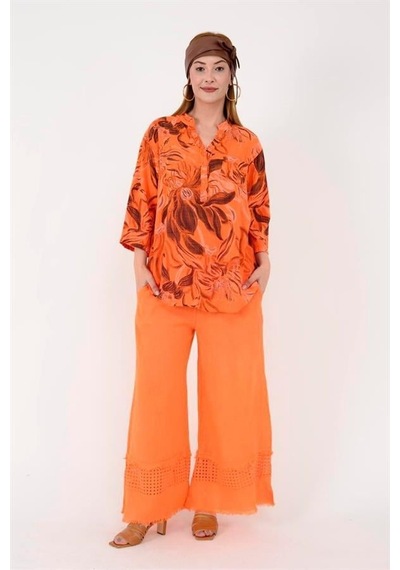 Eren Style İtalyan Fisto Paça Detaylı Keten Pantolon-9893 Oranj