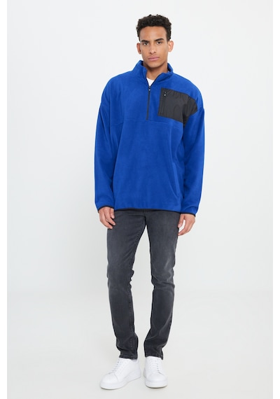 AC&Co / Altınyıldız Classics Erkek Saks Oversize Bol Kesim Bato Yaka Cep Detaylı Fermuarlı Soğuk Geçirmez Polar Sweatshirt Saks Mavi