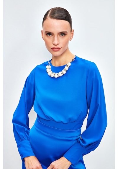 Sateen Kolye Detaylı Crop Bluz - Sax Mavi