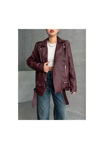 Meecy Kadın Oversize Biker Deri Ceket Bordo Bordo