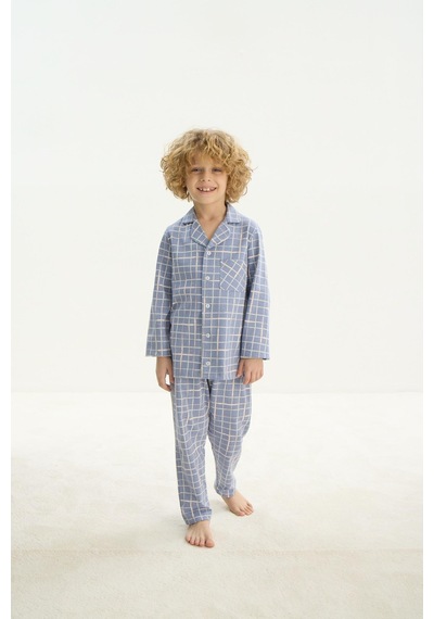 Sevim Erkek Çocuk Uzun Kol Önden Düğmeli Mavi Pijama Takım C8t4n7o8 001