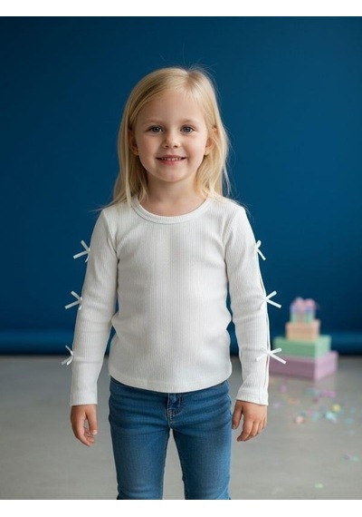Zekids Kız Bebek Pamuklu Kolları Fiyonk Detaylı Kaşkorse Bluz-16521 Beyaz