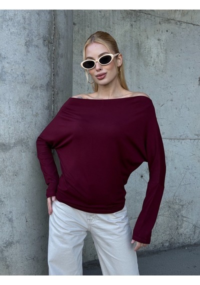 Mamayaga Kadın Kayık Yaka Full Esnek Asimetrik Kesim Comfort Spor Şık Tasarım Yumoş Bluz Bordo