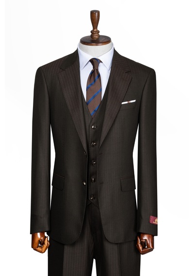 İlayda Emir Luxury, İtalyan Kesim, Slim Fit, Blazer, Çizgili, Erkek Takım Kahverengi