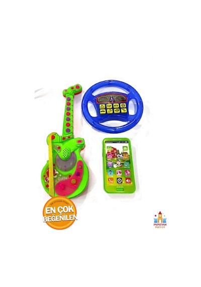 3'lü Set Müzikli Eğitici Gitar - Oyuncak Direksiyon Ve Dokunmatik Telefon Oyuncak Seti - Mavi Renk