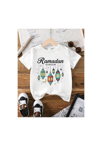 Stil X Ramazan Bayramı Baskılı Kız Çocuk Tshirt, %100 Pamuklu Kumaş Beyaz-1