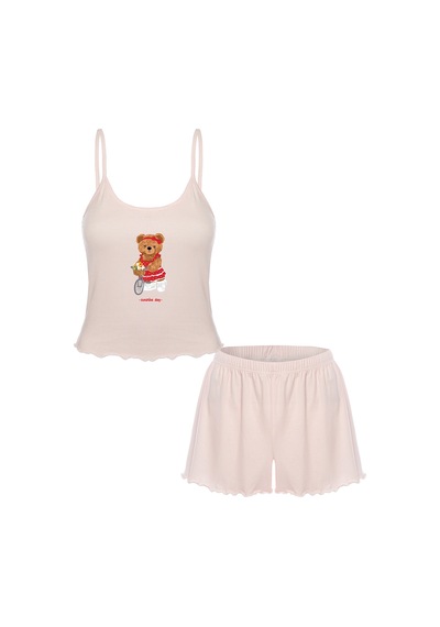 Koza İç Giyim Kadın İnce Askılı Desenli Pamuklu Şortlu Pijama Takımı Kk30231 Pudra