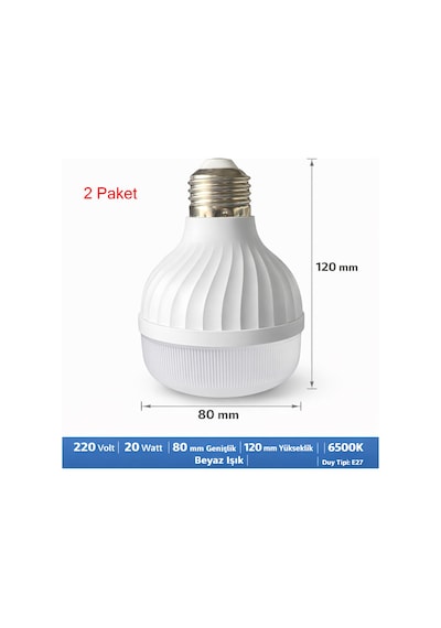 Led Ampul 220 Volt 20 Watt 2200 Lümen Beyaz Işık 6500 K Işık Sıcaklığı Hüzme Açısı 240 Derece