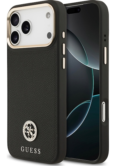 Apple Uyumlu iPhone 17 Pro Max Kılıf Guess Lisanslı M-safeli Grained Yazı Ve Taşlı 4g Logolu Kapak Siyah Siyah