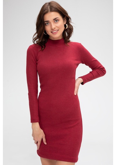 Moda Dua Kadın Bordo Kaşkorse Balıkçı Yaka Uzun Kollu Bodycon Mini Elbise