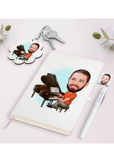 Kişiye Özel Erkek Piyanist Karikatürlü Beyaz Defter Kalem Ve Anah