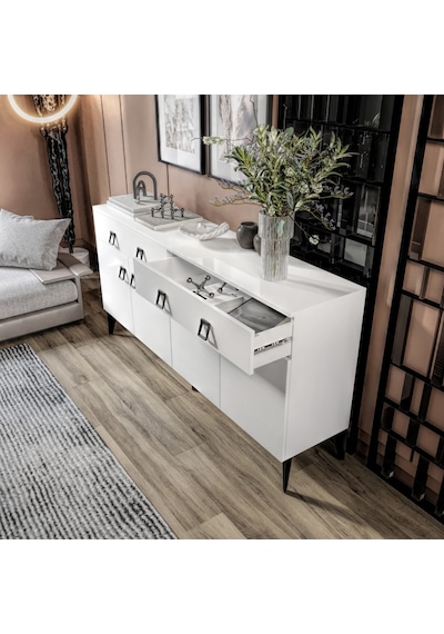 Elara Konsol 180 Cm Beyaz, Metal Ayaklı 4 Kapaklı 2 Çekmeceli Modern Konsol Beyaz
