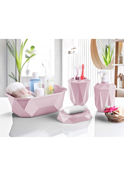 Geometrik Tasarımlı 4 Lü Banyo Seti Sabunluk Diş Fırçalık, Sıvı Sabunluk Sepet Pembe