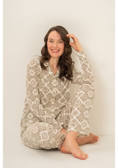 Pierre Cardin Kadın Desenli Krem Gömlek Pijama Takımı Pc9276-s-v1 Pc9276-s-v1