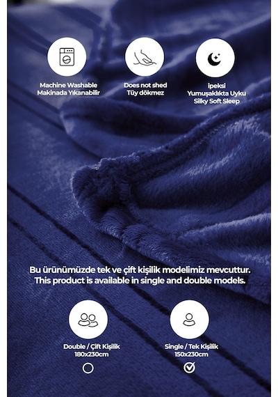Evlen Home Collection Mayer Supersoft Yumuşak Tek Kişilik Battaniye Yatak Örtüsü 150x230 Cm Koyu Mavi Lacivert Koyu Mavi