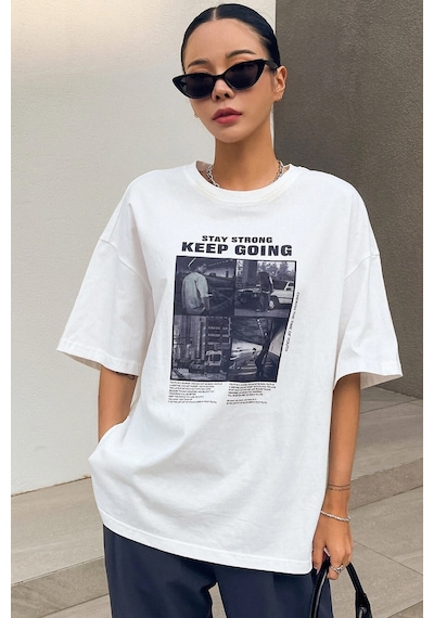 Unisex Keepgoing Baskılı Tasarım Tshirt Beyaz