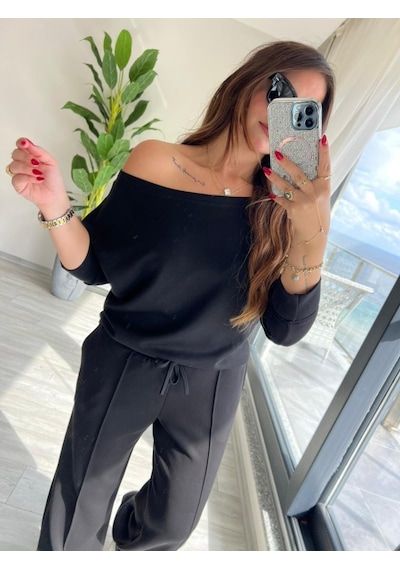 Efnaz Style Kadın Uzun Kollu Tek Omuzdan Açık Modal Bluz Ve Pantolon Ikili Takım Siyah